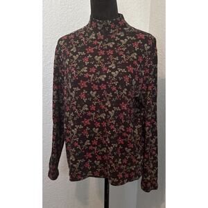 Black Mock Neck Long‎ Sleeves With Poinsettias SzL 100% Cotton Grannycore Retro